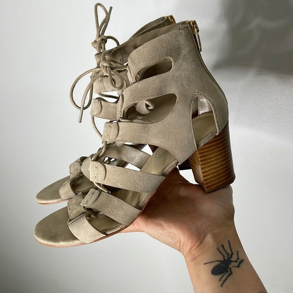 MARC FISHER Tan Suede Strappy Lace Up Block Heel Sandals Size 8